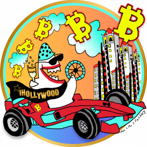 iHollywood Film Fest and SharkTales Shark in race car and bitcoin symbol by world-renowned artist Andre Miripolsky