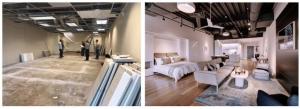 Bluelofts commercial-to-residential conversion, before and after redevelopment.