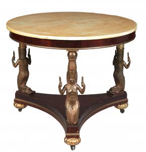 Beautiful 20th century Russian ormolu mounted Egyptian Revival marble-top mahogany center table, 29 ¾ inches in height and measuring 36 inches in diameter (est. $1,500-$2,500).