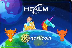 Partnership banner featuring logos of Healm, Garlicoin, BART, Bitball Treasure, Ballswap, and Memelon