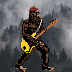 An Original Sasquatch plays a yellow bass while strutting in the Foggy Mountains