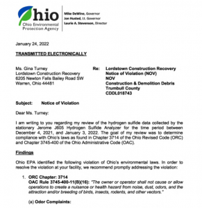 Lafarge's Lordstown Landfill has violated the Ohio EPA's hydrogen sulfide limit more than 1,000 times and nearly 100 times in the first months of 2022.