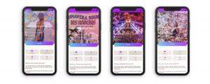 The image shows screenshots with group activities for music festivals on the NewTowner app
