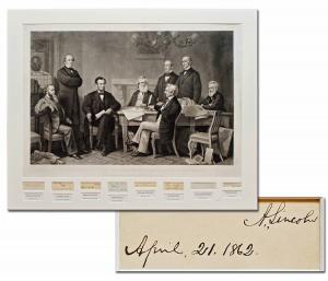 Engraving of The First Reading of the Emancipation Proclamation Before the Cabinet, displayed above the signatures of all 8 figures shown, including Abraham Lincoln (est. $8,000-$10,000).