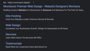 Un ejemplo de un anuncio de búsqueda para diseño web de JTech Communications