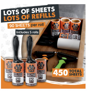 The Mighty Paw Pet Hair Roller includes 5 rolls for a total of 450 sheets