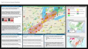 Screenshot of a TX360 Dashboard titled North America Severe Weather featuring mapped alerts and updates from government, news, and social media sources