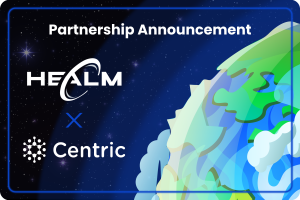 Healm and Centric logos with a cartoon planet earth in the background