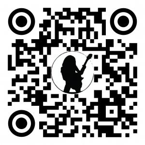 Scannable QR Code for Find Your Stage Singer Songwriter Conference which contains the black figure of a person with long hair holding an electric bass guitar.  Scanning the barcode with a smart phone camera will bring up the website.