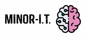 Black logo with clear background.  The image of the brain on the right, one made by technology, shows a person, two halves making one whole.  Minor-IT is the wording on the logo.