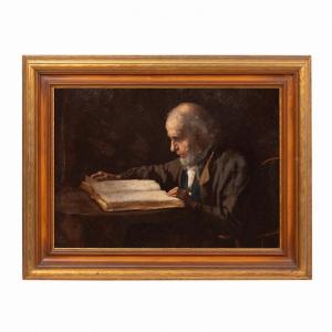 Oil on panel depiction of an Old Man Reading by Eastman Johnson (American, 1824-1906), initial signed (