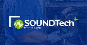 SoundTech+ Powered by DST logo over image of tech using tool