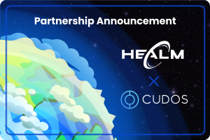 Healm and Cudos logos with cartoon image of Planet Earth in the background