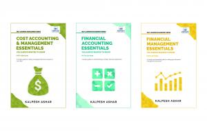 Book covers of Financial Accounting Essentials, Financial Management Essentials, and Cost Accounting and Management Essentials.