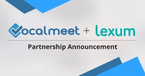 Grey rectangle with blue triangle accents that states, "Vocalmeet + Lexum: Partnership Announcement"