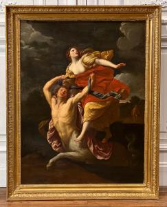 19th Century Continental School oil on canvas titled Centaur Kidnapping Deianeira (after Guido Reni), 45 inches by 34 inches (view, minus frame).