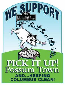 We support Pick It Up! Possum Town branded business recognition window cling reward for in-kind and monetary donations to support City of Columbus litter and pollution abatement initiatives.