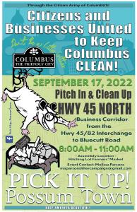 Pick It Up! Possum Town September 17, 2022 Highway 45 North Business Corridor Keep Columbus Clean branded event poster