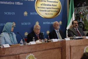 AG Michael Mukasey addressing the press conference by the U.S. Representative Office of the National Council of Resistance of Iran regarding a complaint filed in New York against Ebrahim Raisi for crimes against humanity and genocide (August 25, 2022).