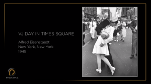 This is a still image from a PHOTAVIA short video. This photograph portrays an American sailor kissing a nurse in Times Square in New York City, celebrating the end of World War Two