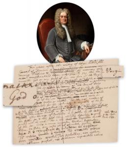 Sir Isaac Newton’s 300-plus-word autograph manuscript draft of a religious treatise, questioning the concept of the Holy Trinity (est. $28,000-$35,000).