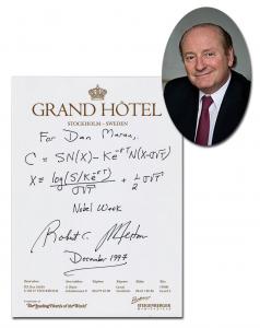 Black-Scholes-Merton formula handwritten and signed by Nobel Prize-winning economist Robert C. Merton, penned on stationery from Stockholm’s Grand Hotel in Sweden during Nobel awards week (est. $45,000-$55,000).