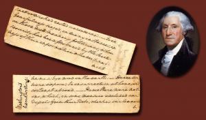 Manuscript fragment comprising over 60 words written in George Washington’s hand, from the first draft of his first Inaugural Address in 1789, authenticated by Jared Sparks (est. $60,000-$70,000).