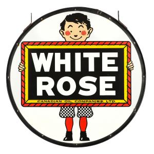 1940's Canadian White Rose Gasoline double sided porcelain sign with iconic 'Slate Boy' graphic, 4 feet in diameter, marked 'The WF Vilas Co. Ltd.'  Cowansville PQ” (CA$24,780).