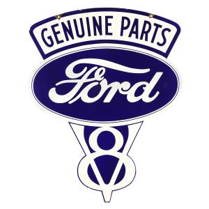 Canadian 1930s Ford V8 double-sided porcelain die-cut sign, 35 ¼ inches by 28 inches, a must-have for any petroliana collection, boasting Henry Ford’s innovative V8 engine (CA$23,600).