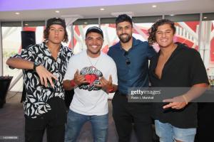 LOS ANGELES, CALIFORNIA - SEPTEMBER 09: (L-R) Mason Coutinho, Arthif Danial and Julez Coutinho attending The Retreat benefiting Project Green and featuring the Muse Holliday Finance House at Petersen Automotive Museum. (Photo by Robin L Marshall/Getty Images
