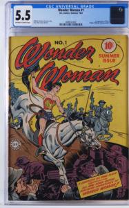 The copy of DC Comics Wonder Woman #1 features the first appearance of Ares and an account of Wonder Woman's origin.  It is rated CGC 5.5 (est. $30,000-$50,000).