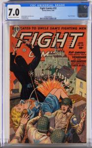 Fiction House Fight Comics #32 (June 1944), featuring wartime bondage coverage by Joe Doolin and the first Tiger Girl story.  It is rated CGC 7.0 (est. $2,000-$4,000).