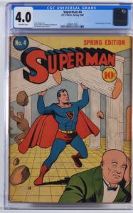 DC Comics Superman #4 (Spring 1940), featuring Lex Luthor's second appearance, rated CGC 4.0, one of only 18 with this rating in the CGC Census (est. $2,000–$4,000).