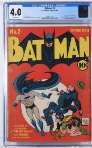 DC Comics Batman #2 (Summer 1940), featuring the Joker and Catwoman, plus a full-page ad for the 1940 New York World's Fair. It's rated CGC 4.0 (est. $3,000 at $5,000).