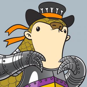 A cartoon pangolin wearing a top hat and knight armor