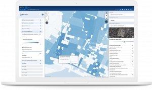 An image of a computer screen with analytics software Aclima Pro showing different shades of blue overlaid on a neighborhood map, with dashboards on either side to explore community risk.