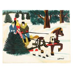 Mixed media painting by acclaimed Canadian folk artist Maud Lewis (1903-1980) titled Winter Sleigh Ride, 9 inches by 11 inches (less frame), signed and dated (est. CA$20,000-$25,000)