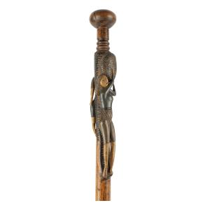 Circa 1920s ladies’ carved walking stick attributed to Willard MacKenzie (Nova Scotia), with a compressed ball top and two carved painted bathers below (est. CA$4,000-$6,000)