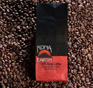 Kona Earth coffee bag with a background of whole bean coffee