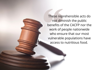 gavel over gray background with block quote denouncing fraud against child nutrition programs