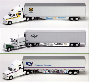 Truck advertisements for big brand stores, food and baggage businesses, and recruitment organizations.