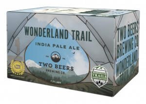 Image render of Two Beers Brewing's Wonderland Trail IPA 6 Pack viewed at an angle so that two sides of the box are visible.