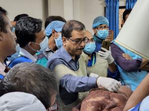 Dr Gautam Das is demonstrating pain procedure on cadever at Dhaka Medical College