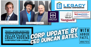 Truist, Vanguard, Investors, Increase, Multi-Million-Dollar Stakes in Legacy Housing Corporation, NASDAQ:LEGH, Corp Update by CEO Duncan Bates, plus Kenny Shipley, Curt Hodgson, Added Facts, Analysis, MHProNews