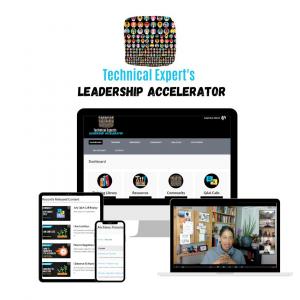 Technical Experts Leadership Accelerator Product Overview showing computer and screenshots of key website features.