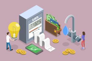3D Isometric Flat Vector Conceptual Illustration of Water And Electricity Consumption Expenses, Household Utilities