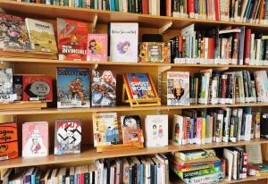 Graphic Novels on the shelves of the new collection at Lucy Cavendish College's Cambridge University Library