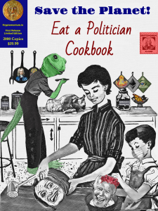 The cover of the book shows a family preparing a meal using with politicians as the main ingredients. In the background a lizard alien is sampling the Trump turkey.