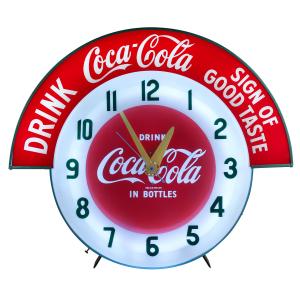 Coca-Cola clock (American, 1950s) having a painted metal dial with neon backlit acrylic dial cover and marquee. A fine clock, with all original components (est. CA$4,000-$6,000).