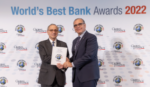 Ficohsa Board Director Dr. Juan Jose Daboub (R) receives the award from Joseph Giarraputo (L), Founder and Editorial Director of Global Finance, at a ceremony in Washington, DC.